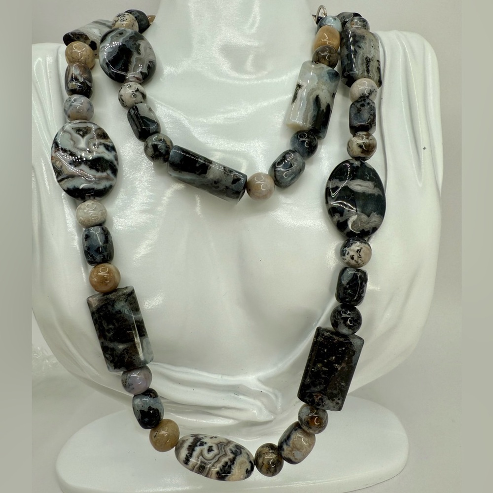 Jay King DTR Zebra Agate Statement Necklace —34” – 162.7g — Sterling Silver Hook